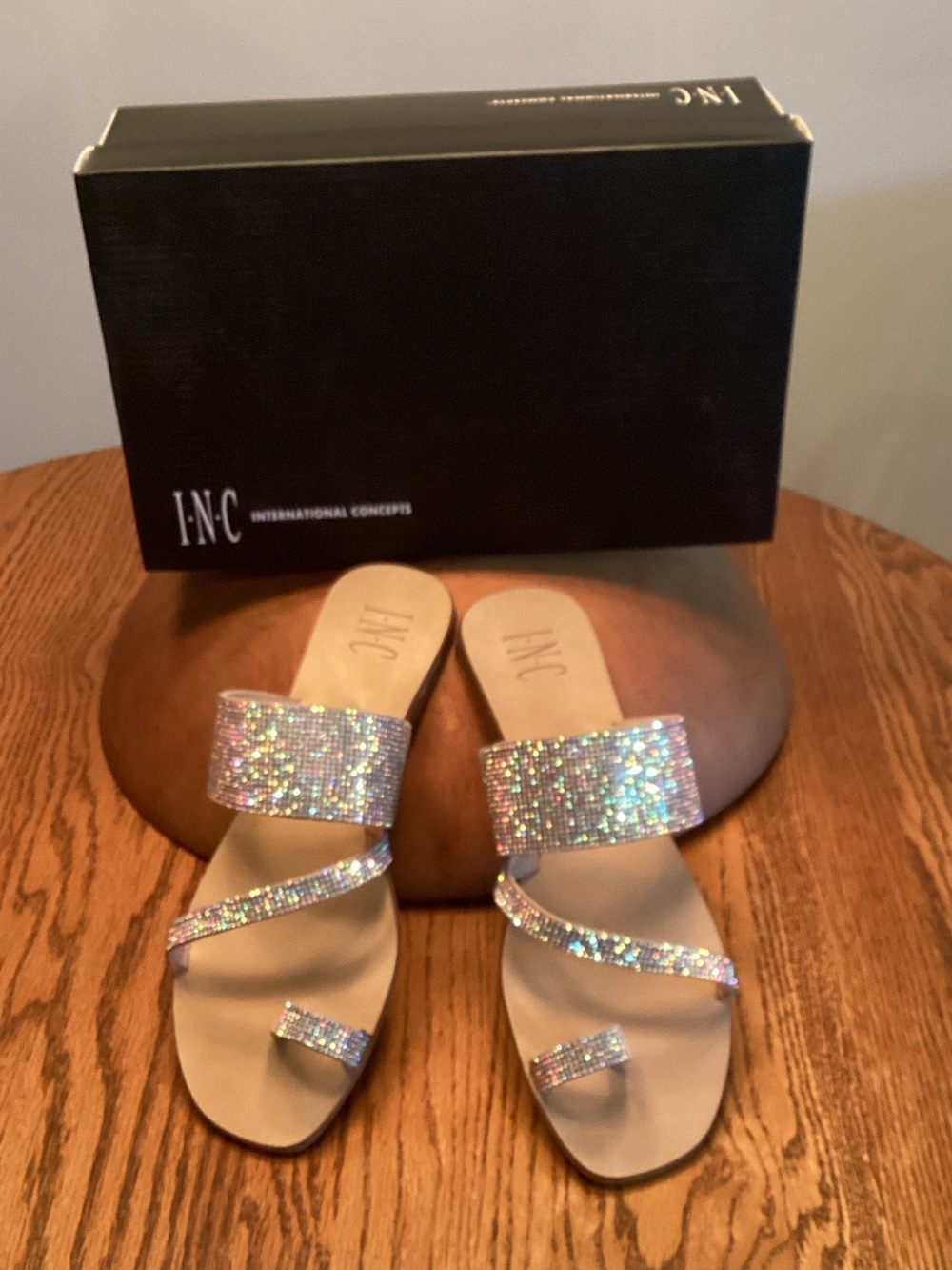 INC International Concepts Iridescent Crystal Strap Slide Sandals - Beige